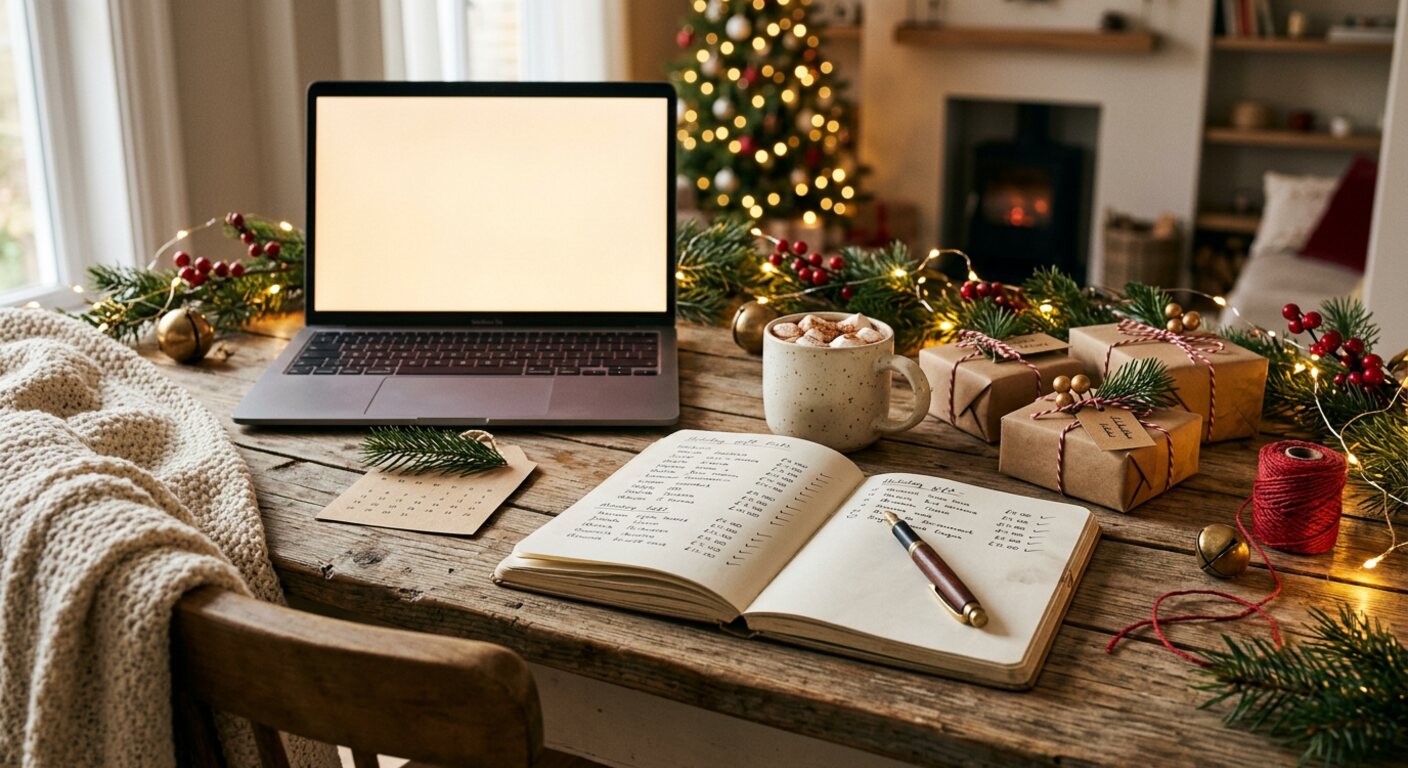 Holiday gift planning on a desk: an open notebook gift list, a laptop, a mug of cocoa and kraft-wrapped gifts
