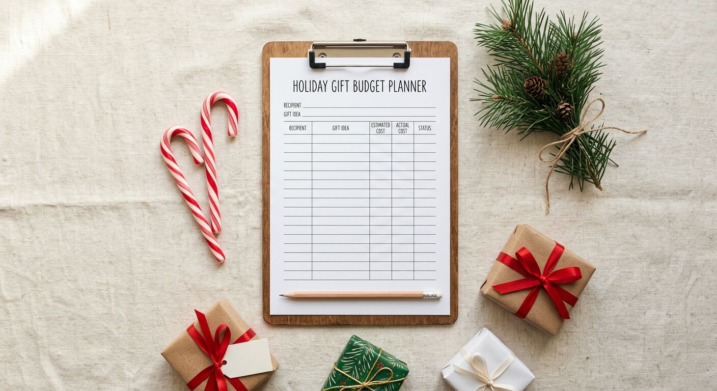 A printable Christmas gift budget planner with a pen and wrapped gifts