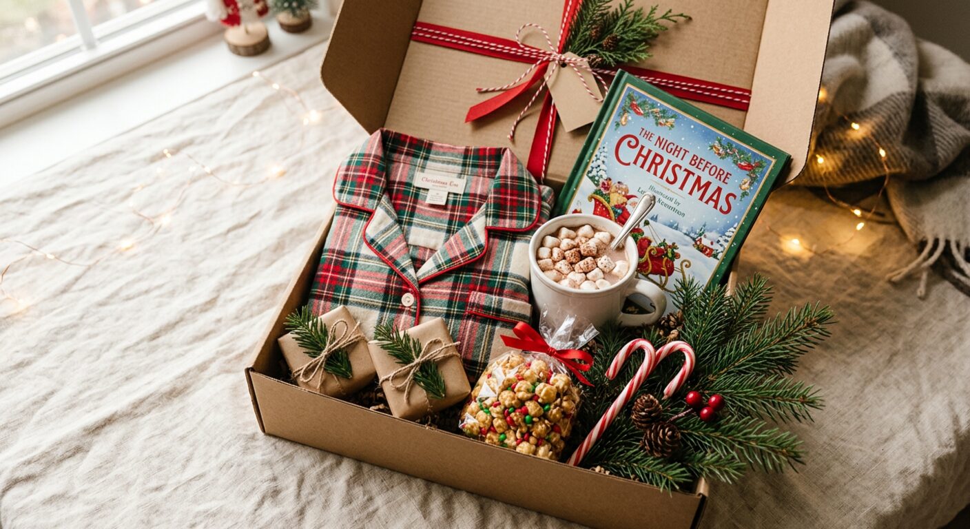 An open kraft Christmas Eve box with plaid flannel pajamas, a mug of hot cocoa with marshmallows, a Christmas storybook, candy canes and a small ornament