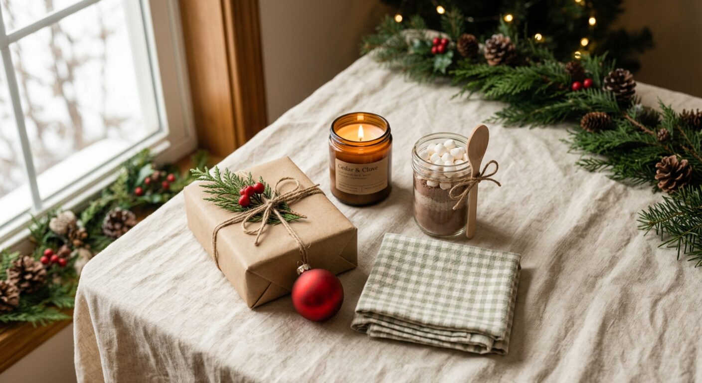 Christmas hostess gifts on a linen table: a kraft-wrapped gift with cedar and berries, an amber candle, a jar of cocoa mix, a red ornament and a sage check towel