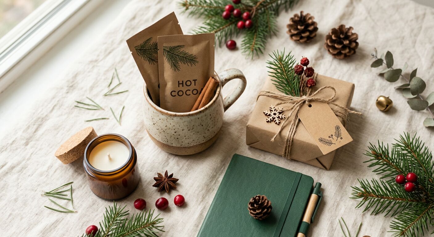Small Secret Santa gifts for coworkers: a mug with cocoa, a candle, a wrapped gift and a notebook