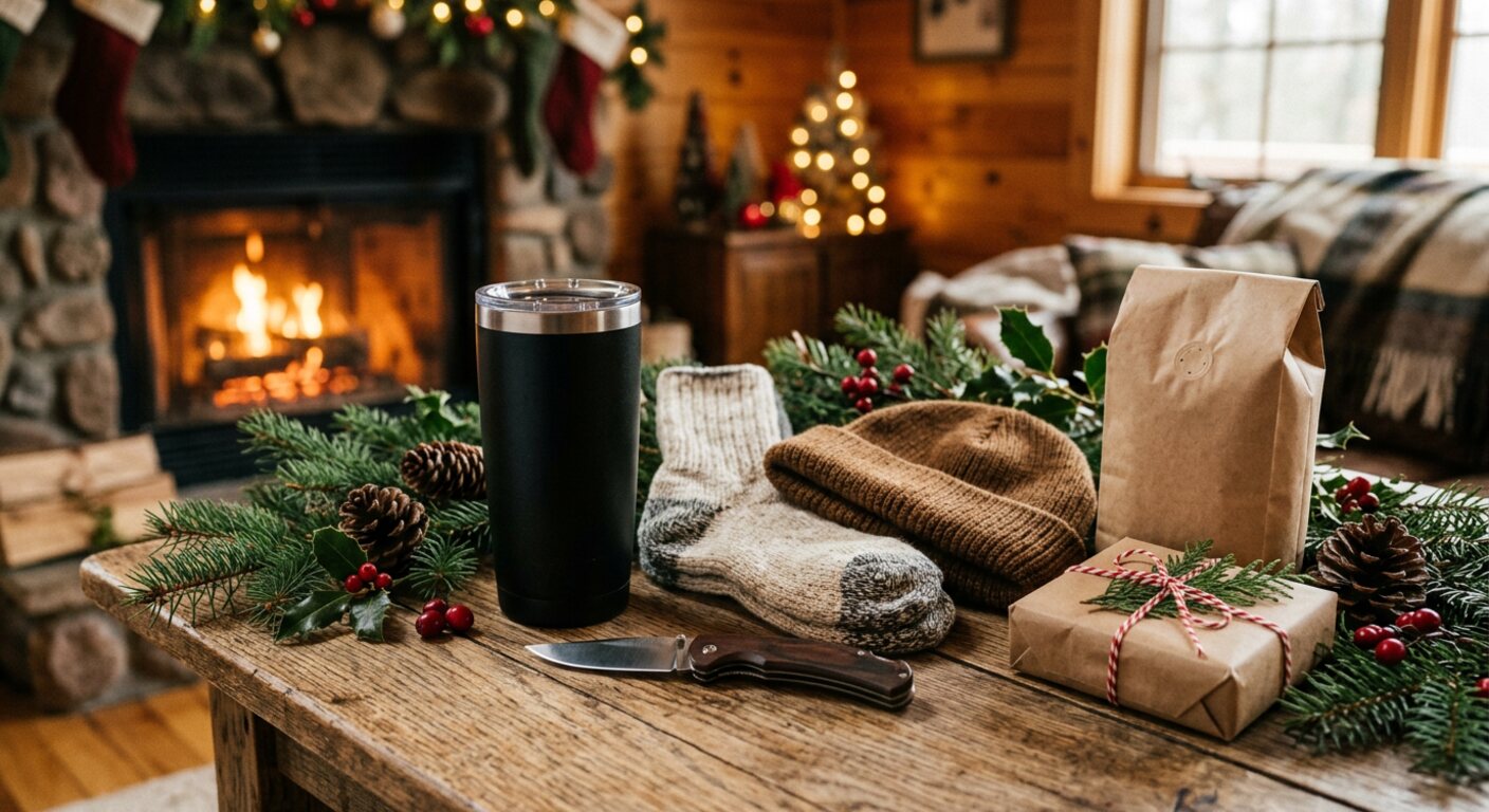 Christmas gifts for dad: a black tumbler, wool socks, a knit beanie, a bag of coffee and a pocket knife by a fireplace