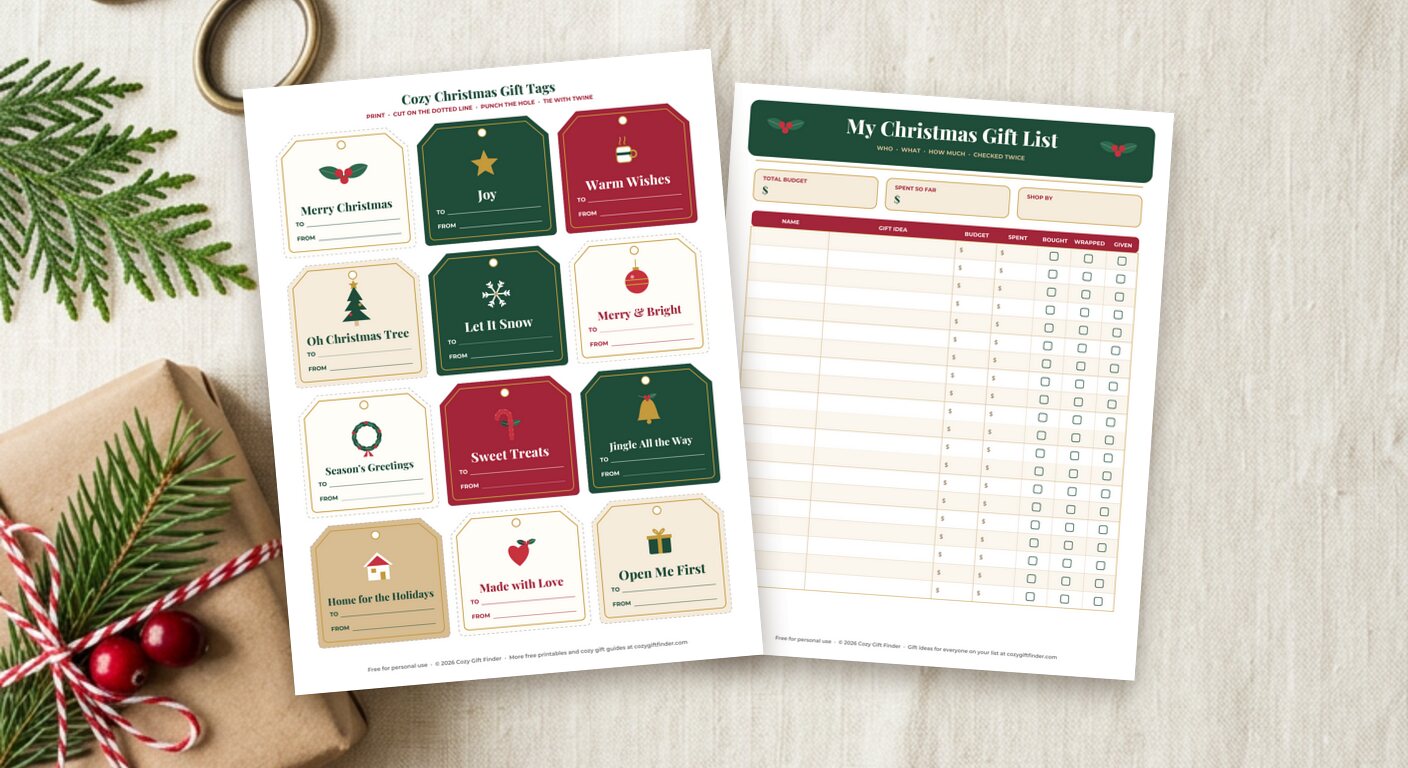 Free printable Christmas gift tag sheet and gift list printed on paper, on cream linen beside a kraft-wrapped gift with red twine
