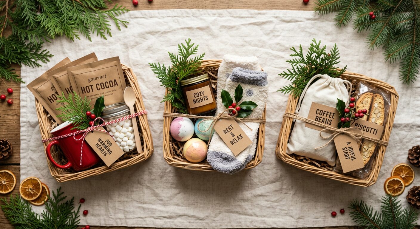 Three DIY Christmas gift baskets on linen: a hot cocoa basket with a red mug, a spa basket with bath bombs and fuzzy socks, and a coffee basket with biscotti, tied with kraft tags and cedar