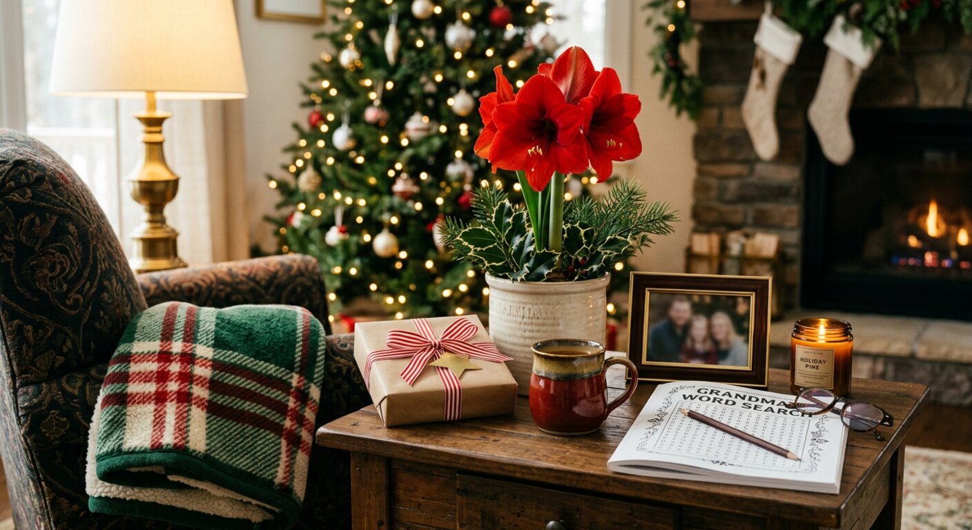 Christmas gifts for grandma beside an armchair: a plaid sherpa throw, a red amaryllis, a mug of tea, a large-print word search book, reading glasses, a framed photo and a candle