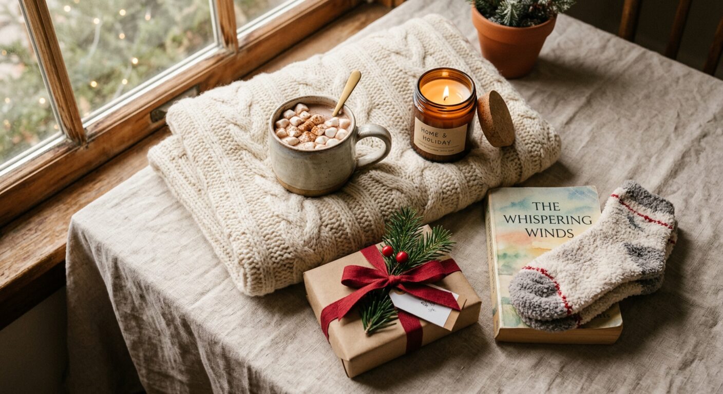 Christmas gifts for mom: a cream knit throw, a mug of cocoa, an amber candle, a wrapped kraft gift, a book and fuzzy socks on a linen table
