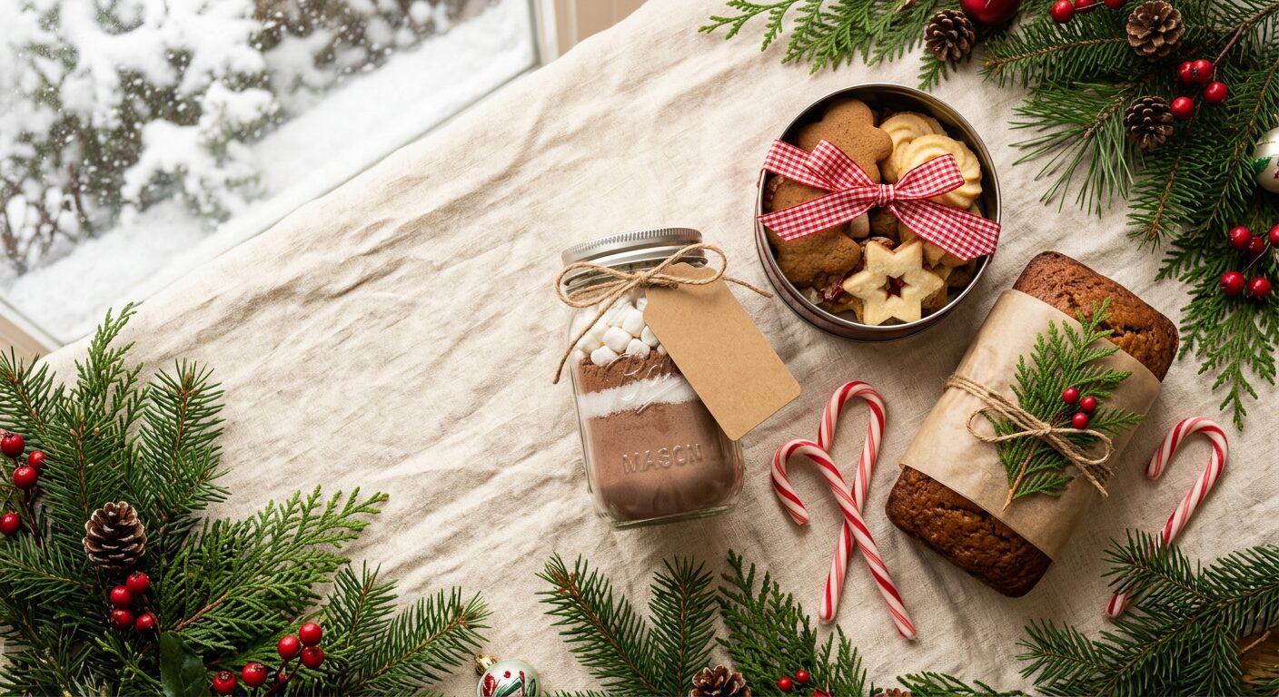 Christmas neighbor gifts on cream linen: a jar of cocoa mix with a kraft tag, a wrapped loaf of bread, a tin of cookies and candy canes
