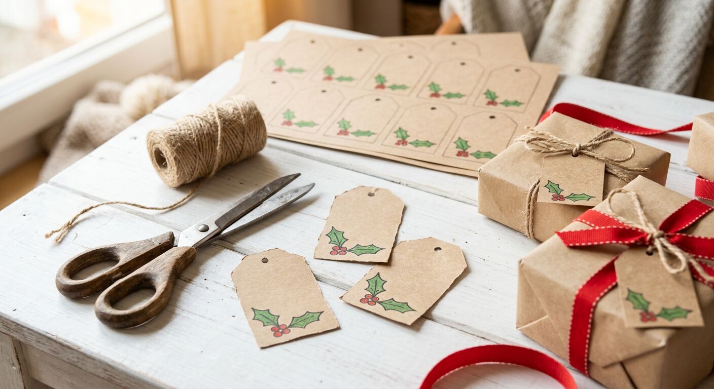 Printable kraft gift tags tied to wrapped presents with twine