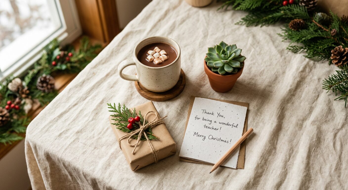 Teacher gift ideas: a mug with cocoa, a small succulent, a thank-you card and a wrapped gift