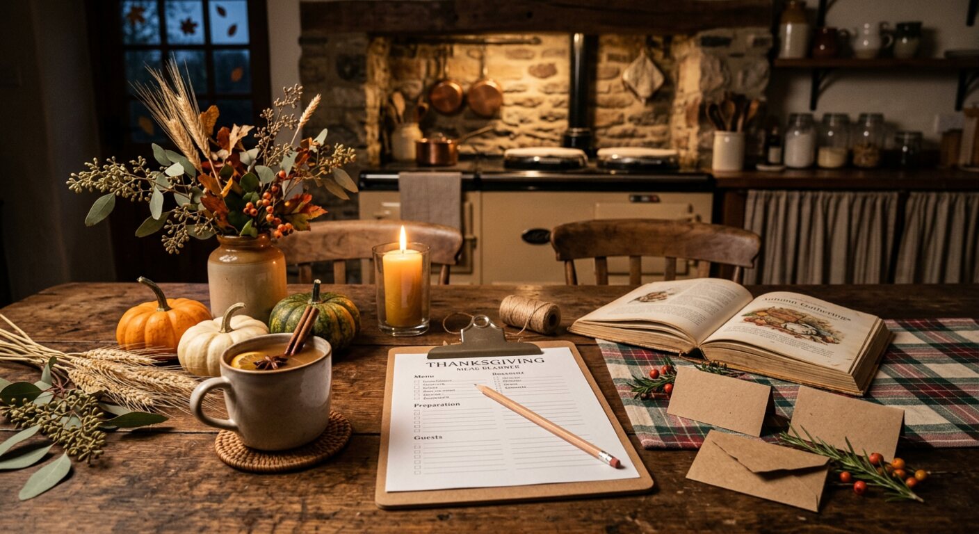 Planning Thanksgiving dinner on a farmhouse table: a meal planner on a clipboard, mini pumpkins, cider and kraft place cards