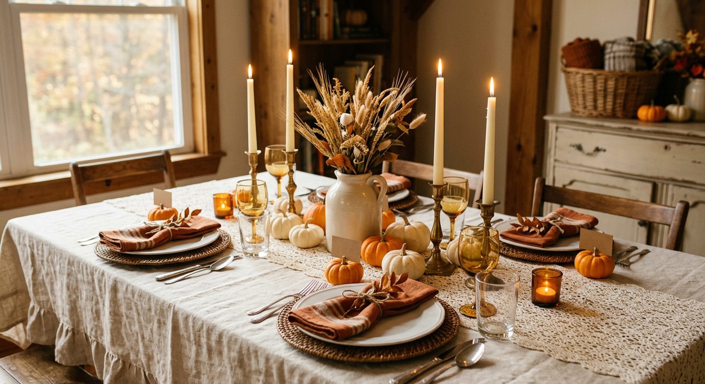 A cozy Thanksgiving table with a cream ruffle tablecloth, lace runner, rust linen napkins, taper candles in brass holders, mini pumpkins and dried wheat