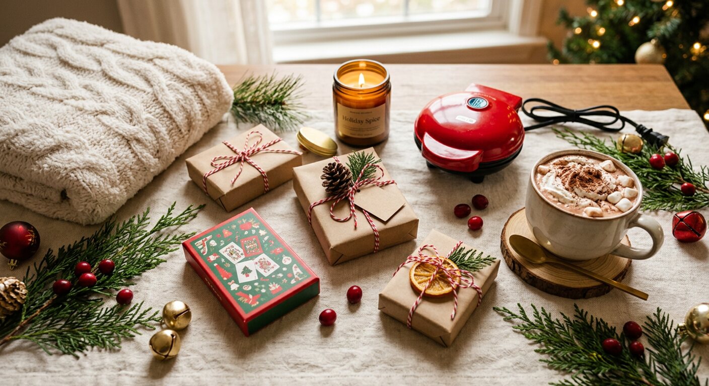 White elephant gift ideas: kraft-wrapped gifts, a red mini waffle maker, a card game, a candle and a mug of cocoa