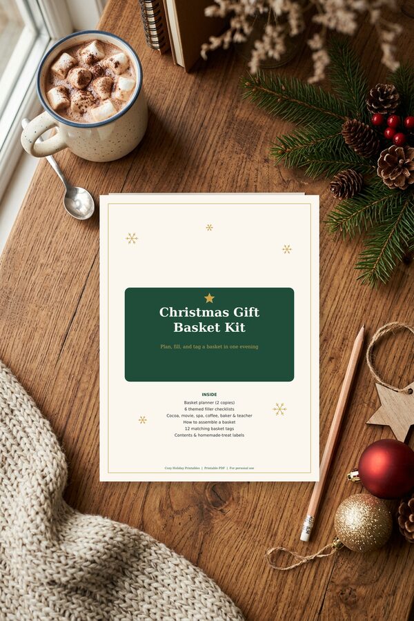 Christmas Gift Basket Kit printable cover on a wooden table beside a mug of cocoa, pine branches and ornaments