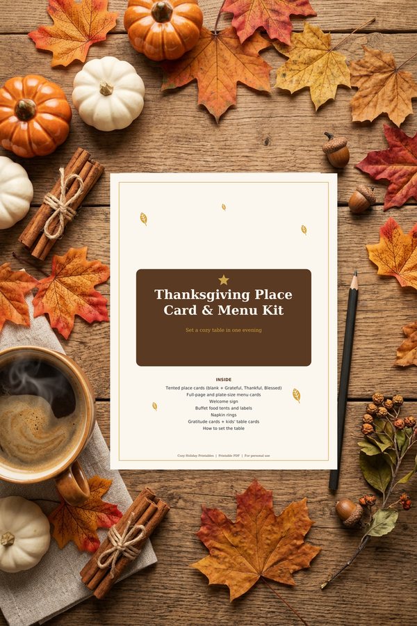 Thanksgiving Place Card and Menu Kit printable: autumn place cards and a dinner menu card on a harvest table