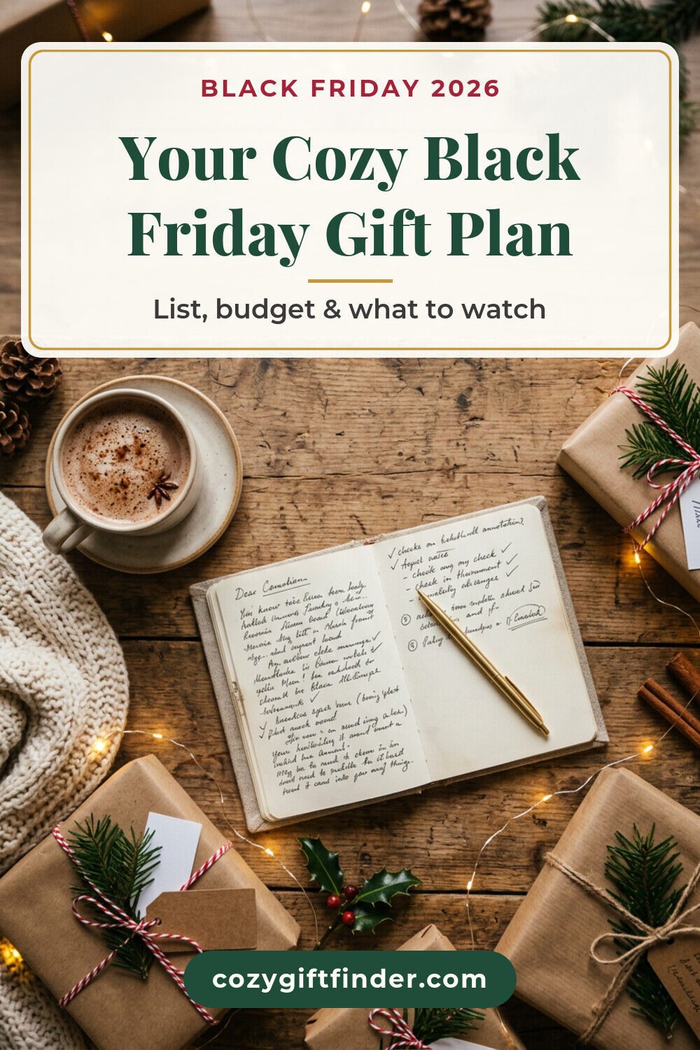 Pinterest pin reading Your Cozy Black Friday Gift Plan: an open notebook list, a gold pen, cocoa and kraft-wrapped gifts