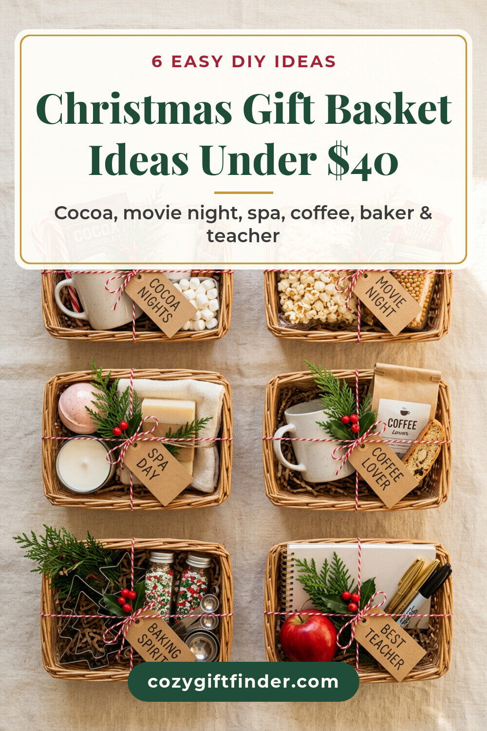 Pinterest pin reading Christmas Gift Basket Ideas Under $40: six small DIY baskets with cocoa, popcorn, spa, coffee, baking and teacher fillers on cream linen