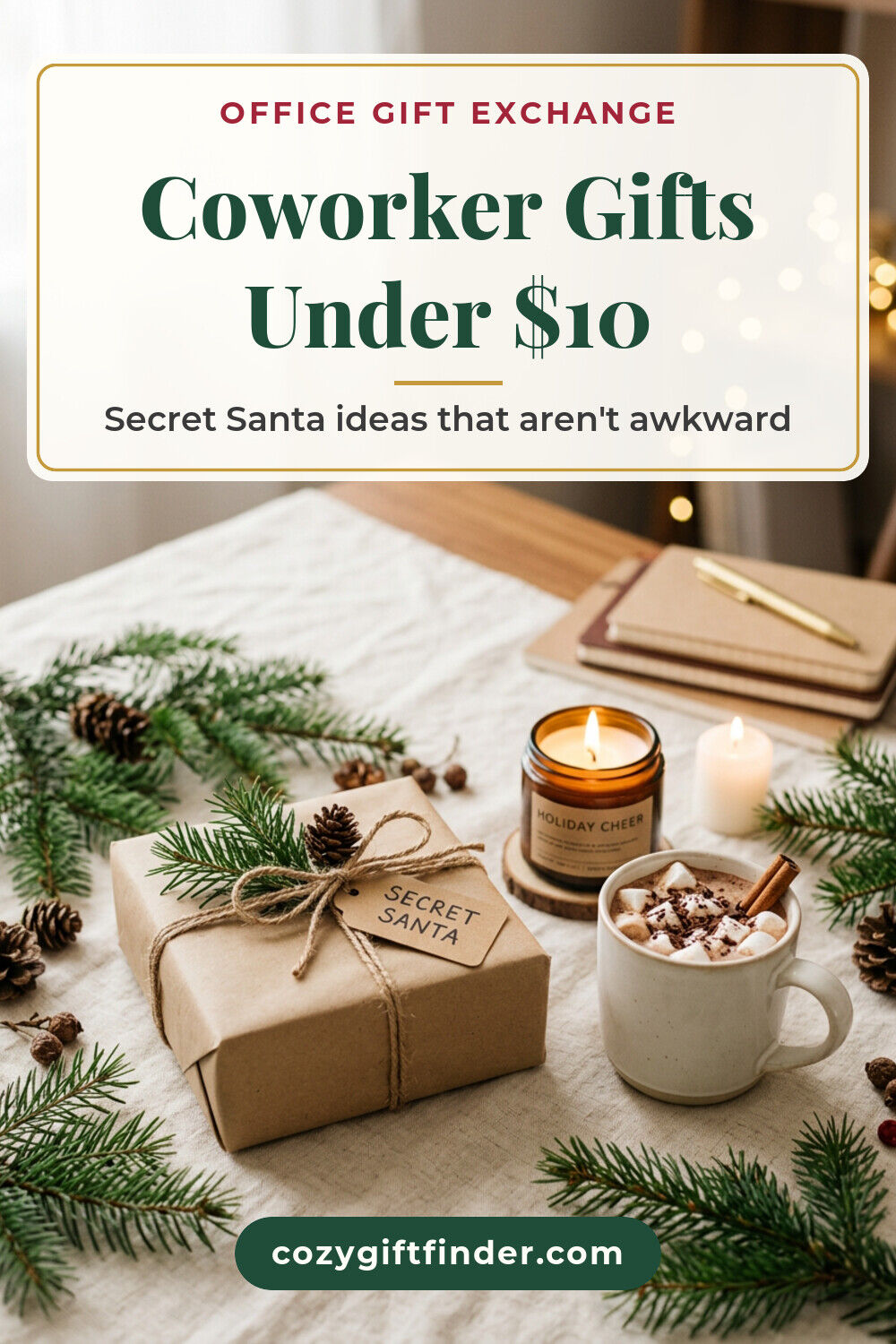 Pinterest pin reading Coworker Gifts Under $10: a kraft-wrapped Secret Santa gift, a candle and a mug of cocoa on cream linen