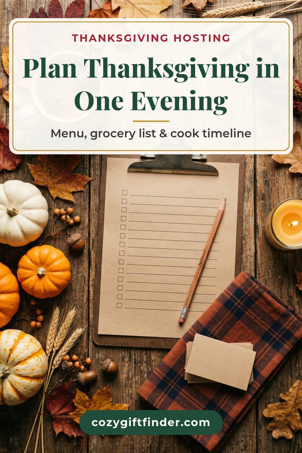 Pinterest pin reading Plan Thanksgiving in One Evening: a clipboard checklist, mini pumpkins, cider and autumn leaves on a wood table