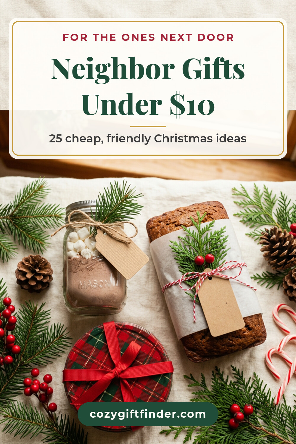 Pinterest pin reading Neighbor Gifts Under $10: a jar of cocoa mix, a wrapped loaf of bread and a cookie tin with kraft tags, evergreen and candy canes on cream linen