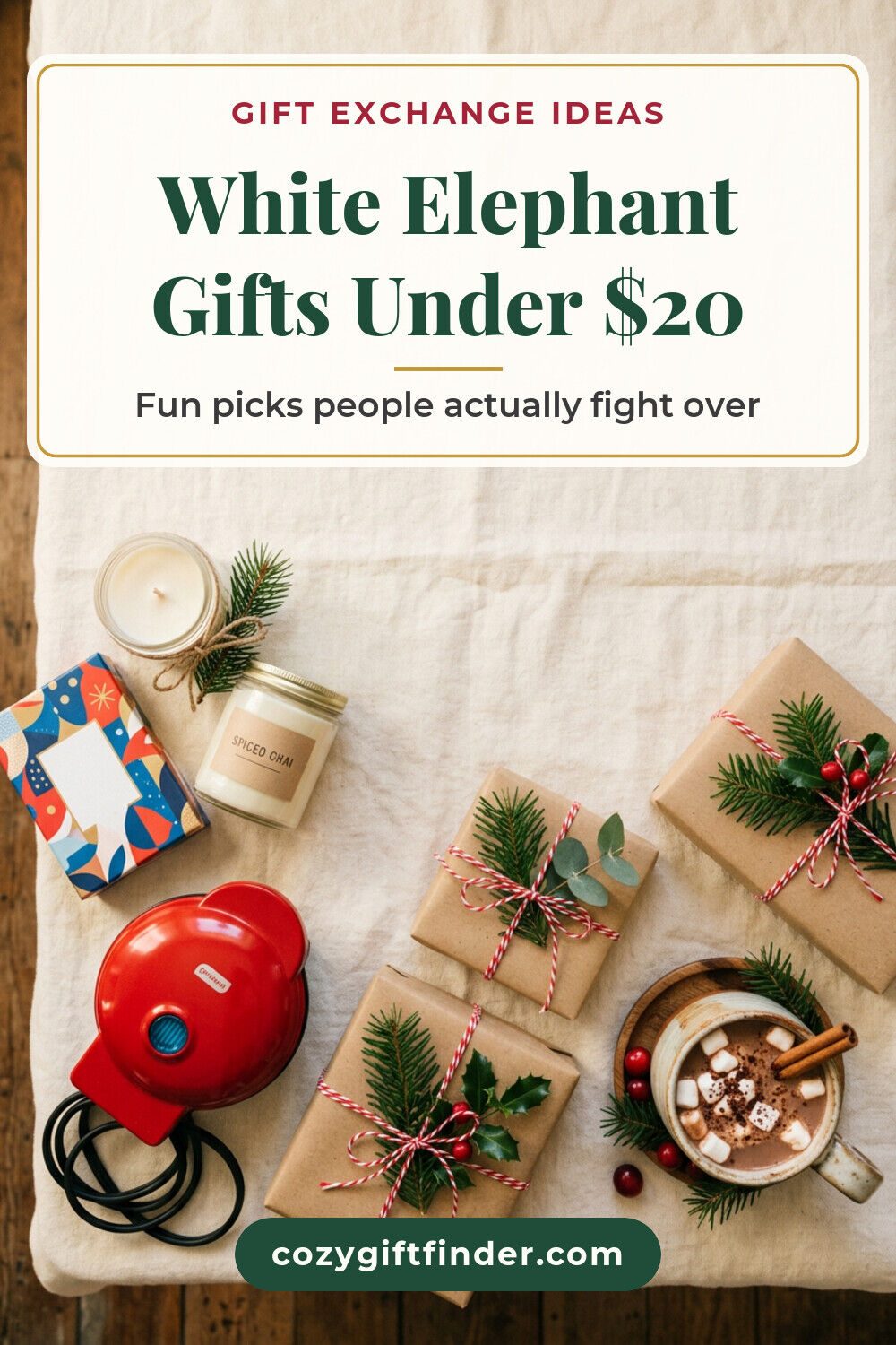 Pinterest pin reading White Elephant Gifts Under $20: a red mini waffle maker, kraft gifts, a candle and a mug of cocoa on linen