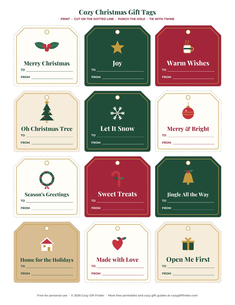 Preview of the free printable Christmas gift tag sheet: 12 tags in cranberry, pine green, cream and kraft with holly, a star, a cocoa mug, a tree, a snowflake, an ornament, a wreath, a candy cane, a bell, a cottage, a heart and a gift
