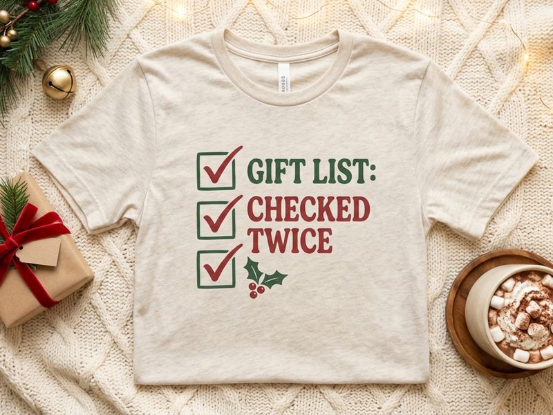Heather beige Gift List: Checked Twice Christmas t-shirt with green check boxes, red check marks and holly, on a cream knit blanket
