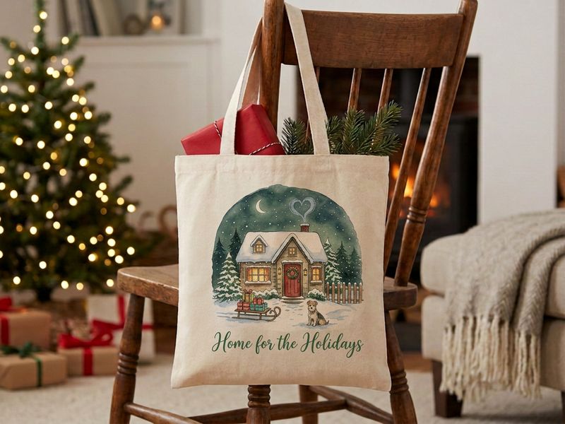 Natural canvas Home for the Holidays tote bag with a snowy cottage, a sled of presents and a little dog, hanging on a wooden chair by a Christmas tree