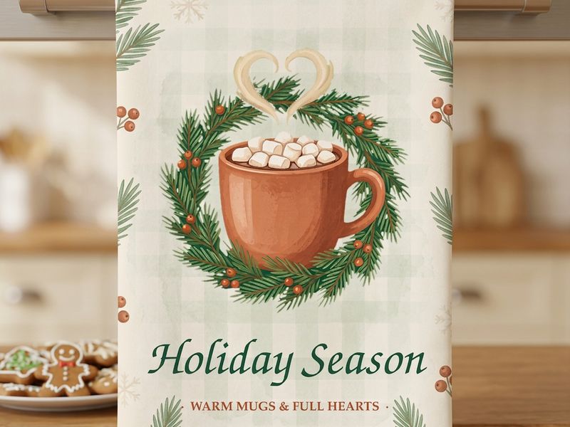 Holiday Season cocoa kitchen towel: a mug of cocoa with marshmallows in a pine wreath on sage plaid, hanging on an oven handle